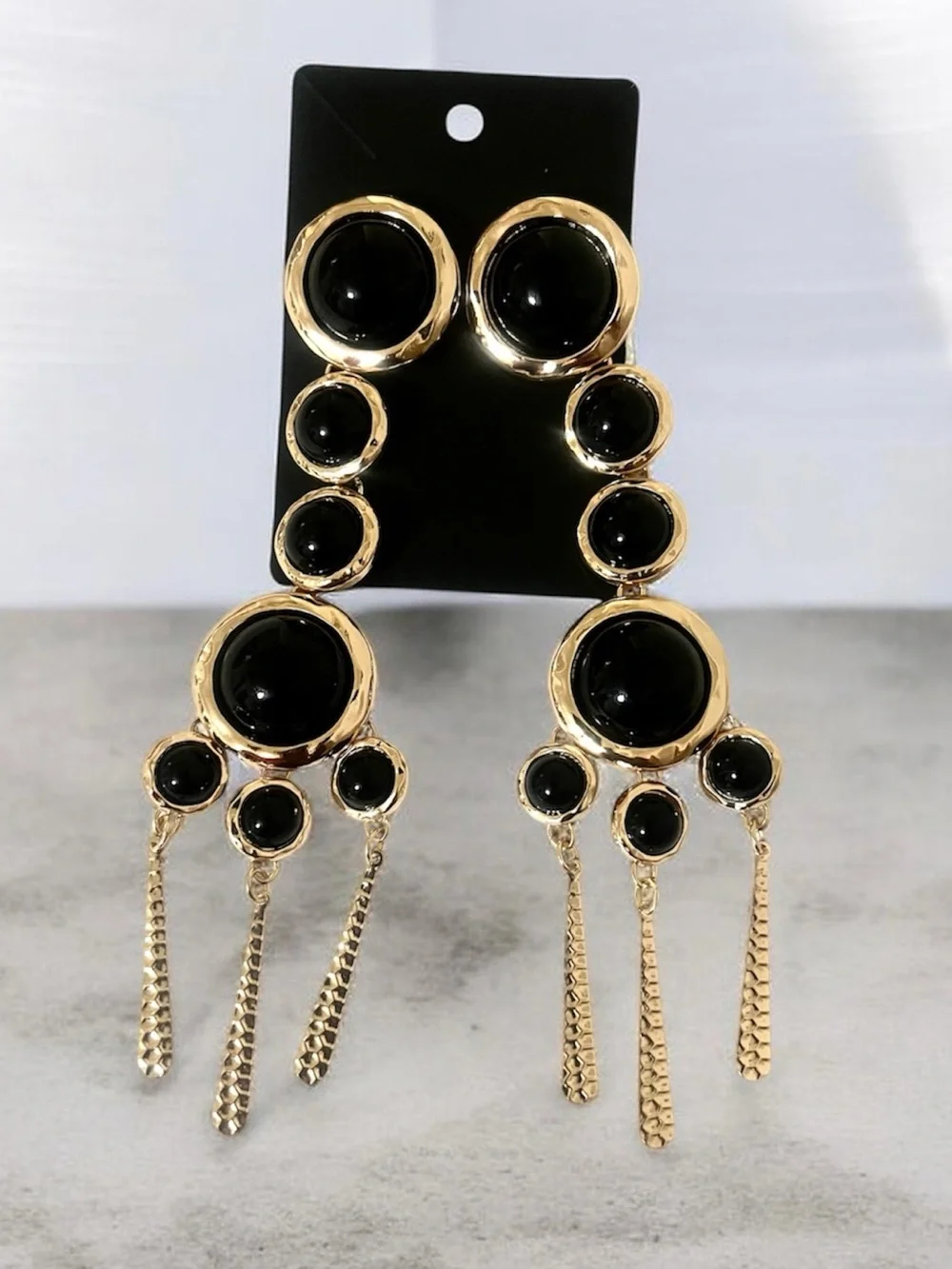 Gold Drop Earrings with Black Stones
